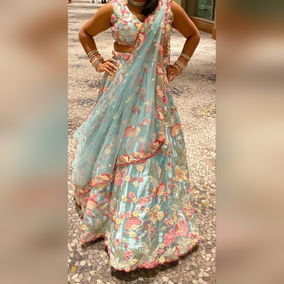 Beautiful Indian wedding embroidered floral | Pastel Blue color Lehenga choli - Picture 15 of 15